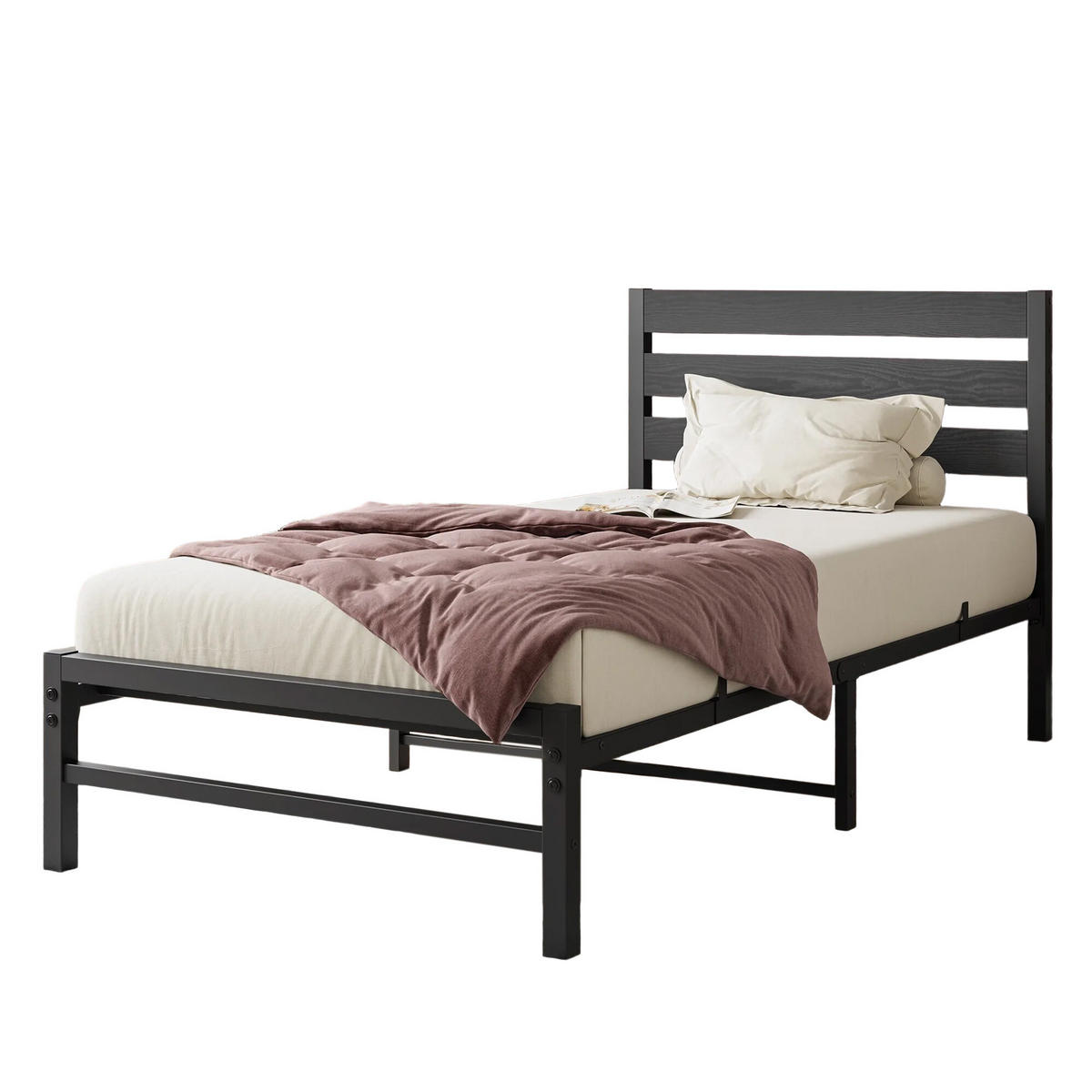 METALLBETT 90/200 cm Schwarz mit komfortablem Kopfteil - Schwarz, Metall (90/200cm) - OKWISH