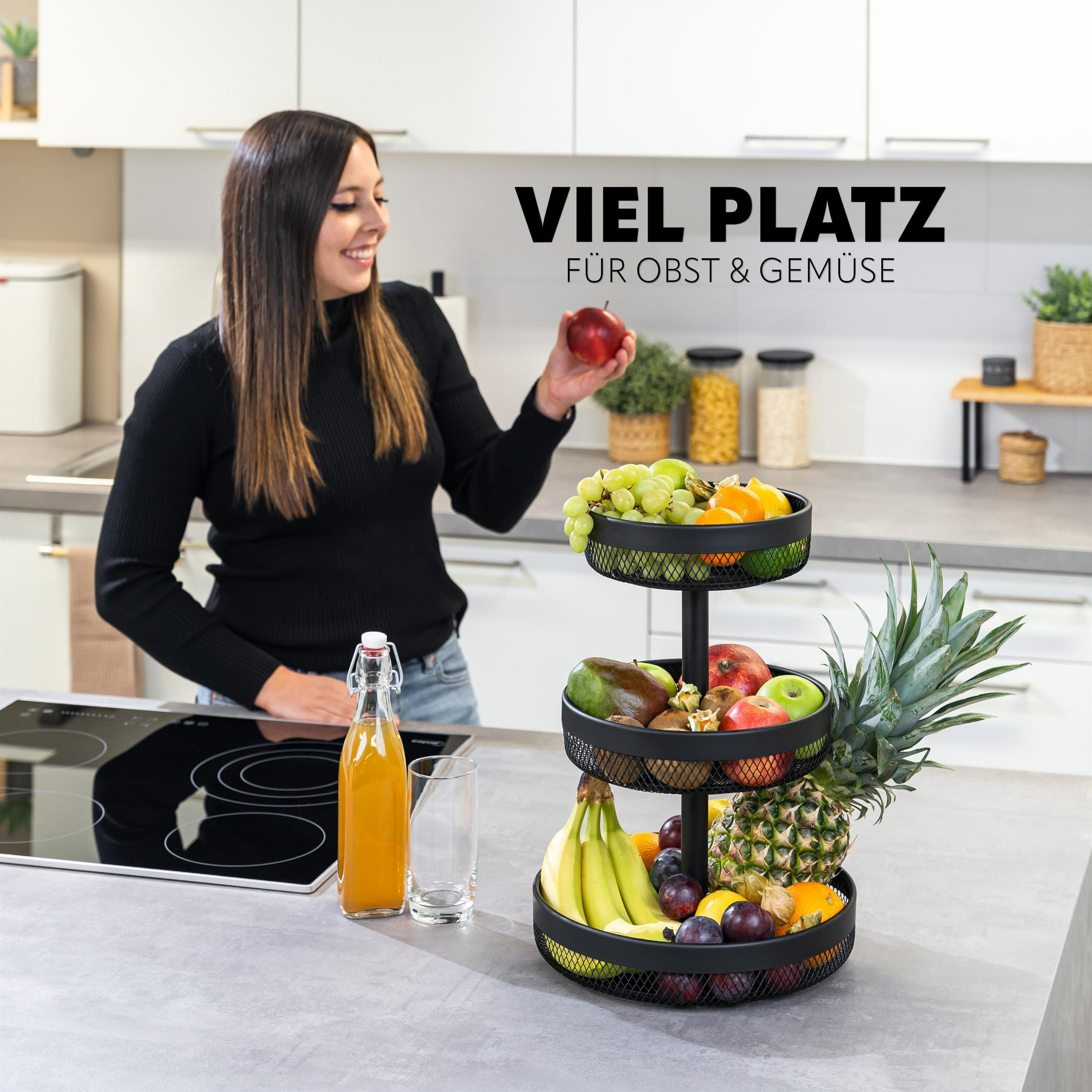 OBSTETAGERE 3-STÖCKIG rund Metall schwarz - Schwarz, Metall (42cm) - eluno