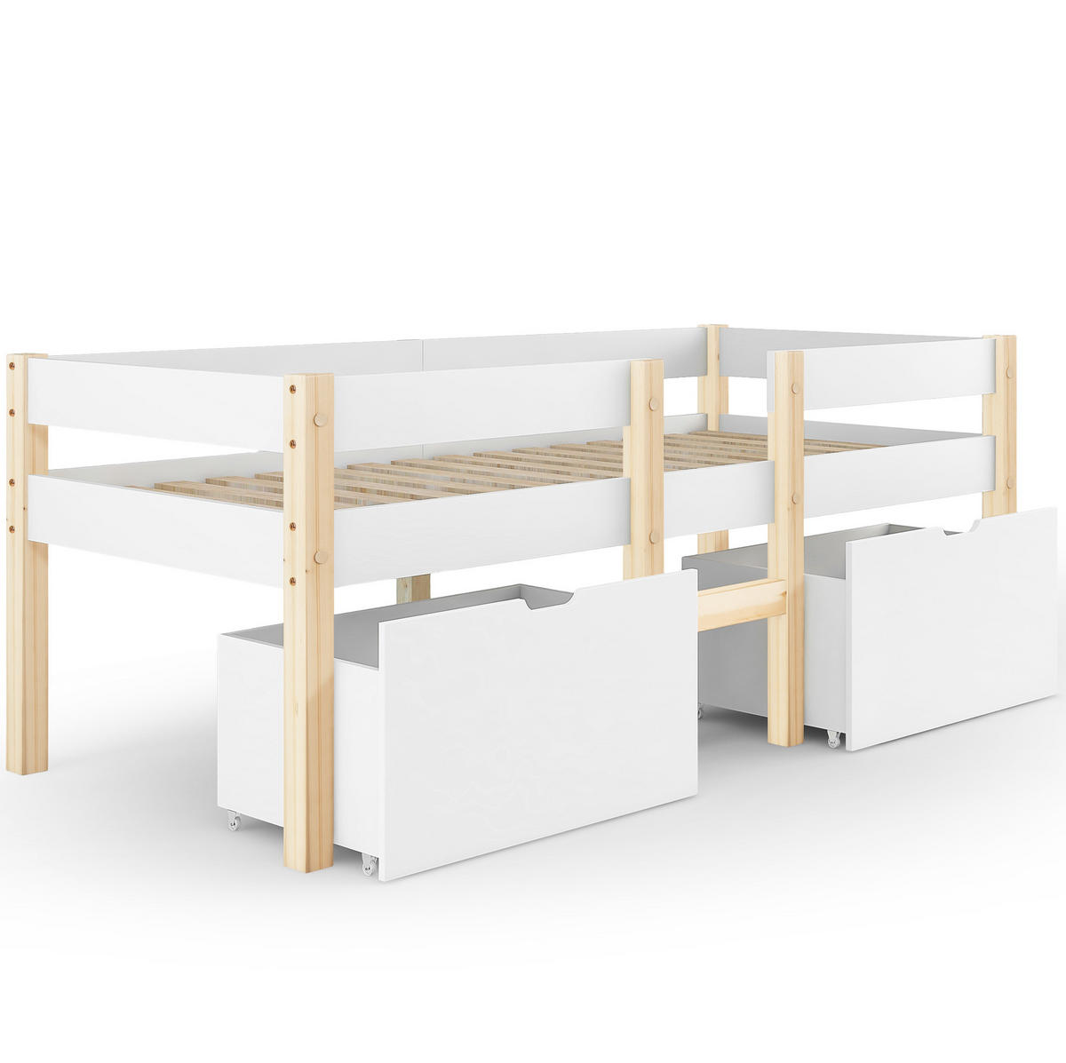 KINDERBETT 90/190 cm weiß Kiefernholz mit Schublade und Rausfallschutz - Weiß, Holz (90/190cm) - OKWISH