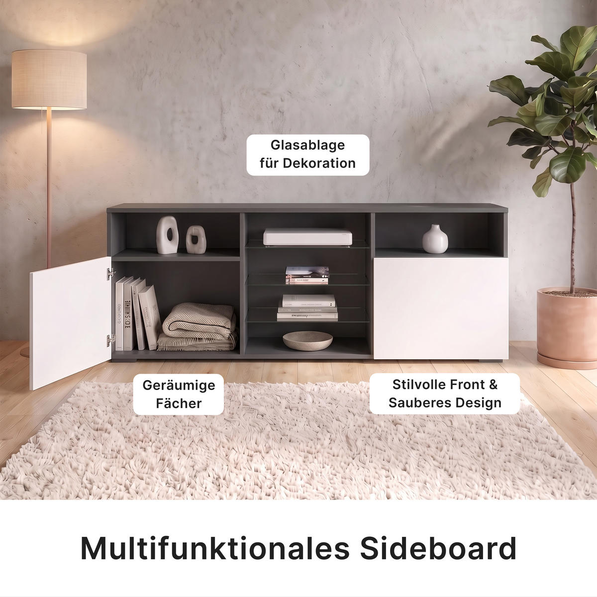 LOWBOARD Granada Front in Beton dunkel Optik - Dunkelgrau, Holzwerkstoff (146/54/35cm) - Vladon