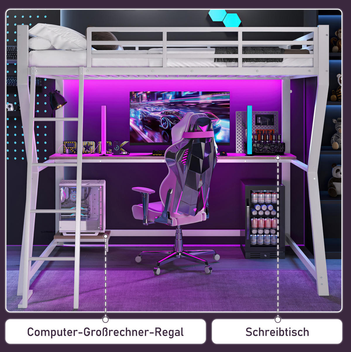 HOCHBETT mit Schreibtisch 90/200 cm in Weiß – mit Treppe, LED und Rausfallschutz - Weiß, Metall (90/200cm) - BEAOK