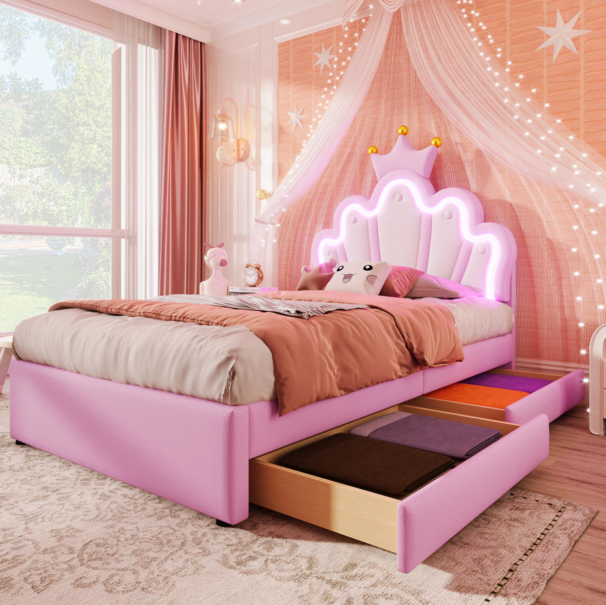 POLSTERBETT mit 2 Schubladen 90x200 cm PU Pink - Pink, Holz (90/200cm) - Meubliv