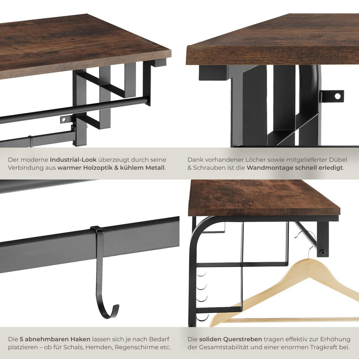 WANDGARDEROBE Westwood, 66 x 30 x 27 cm, Industrial Holz dunkel, rustikal - Rostfarben, Holz (66/27/30cm) - tectake