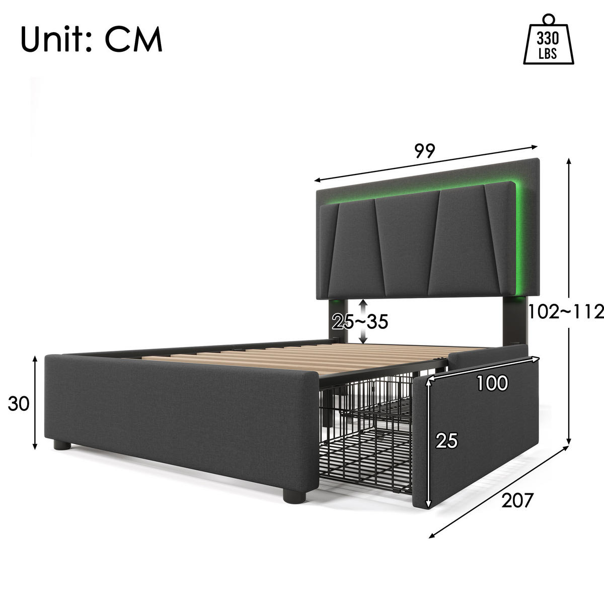 POLSTERBETT aus Holz und Leinen 90x200 cm Grau mit LED-Beleuchtung, 2 Schubladen und Matratze - Grau, Holz (90/200cm) - IVMEU
