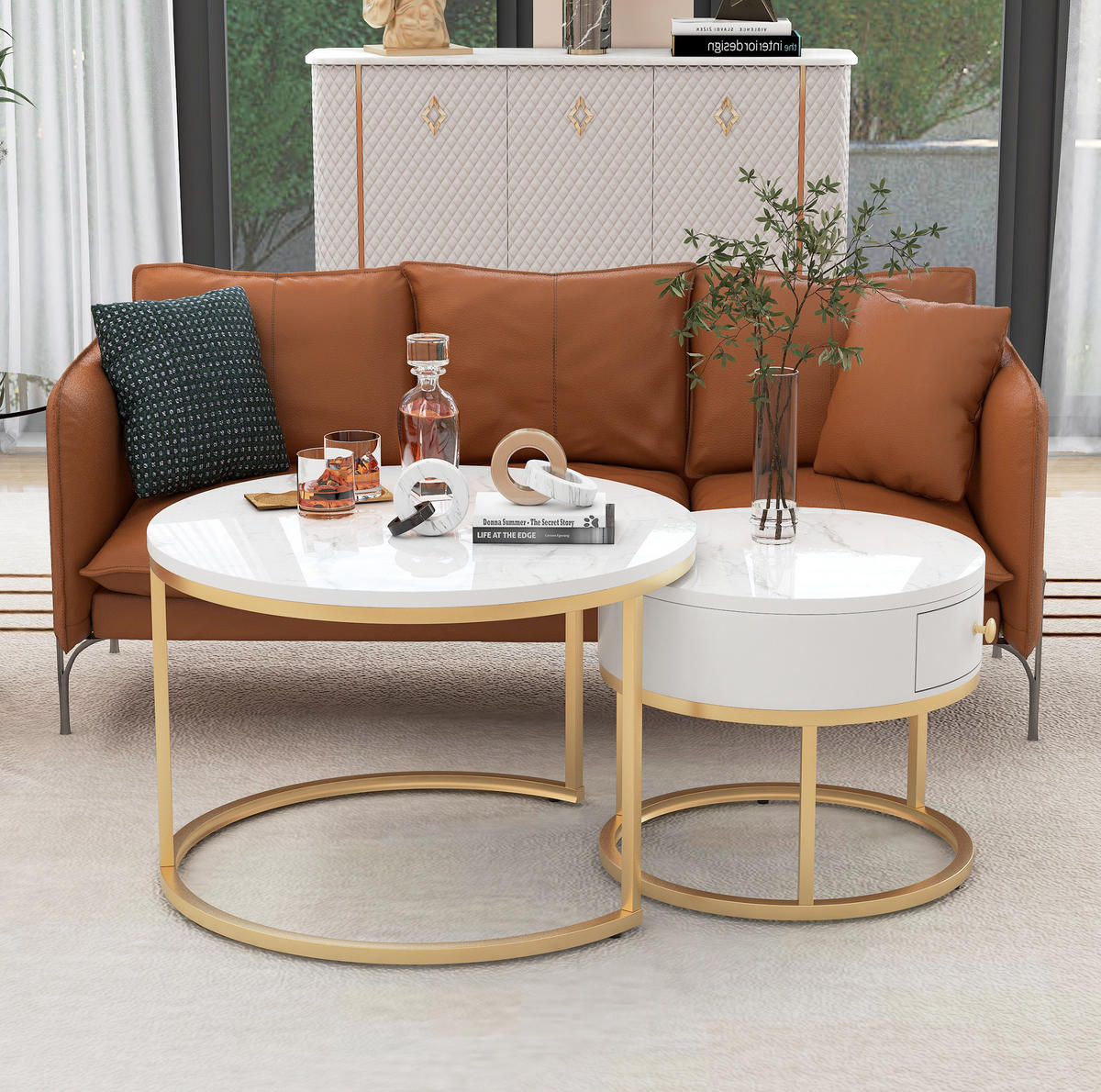 COUCHTISCH-SET aus MDF 70/70/48 und 50/50/43,5 cm, 2-teiliges Nesting-Design mit Hochglanz-Marmoreffekt, Weiß - Weiß, Holzwerkstoff (70/70/48cm) - Redom