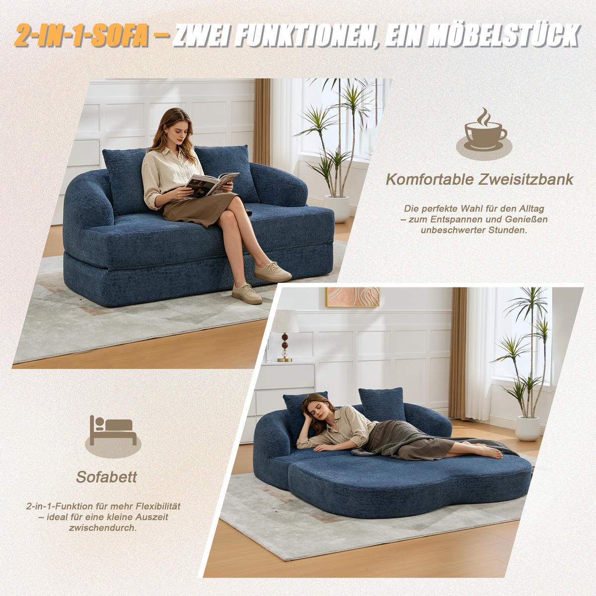 SCHLAFSOFA, 2 Sitzer aus Chenille, Klappsofa Bodensofa mit Schlaffunktion, Blau - Blau, Textil (157/44/153cm) - LVHOM