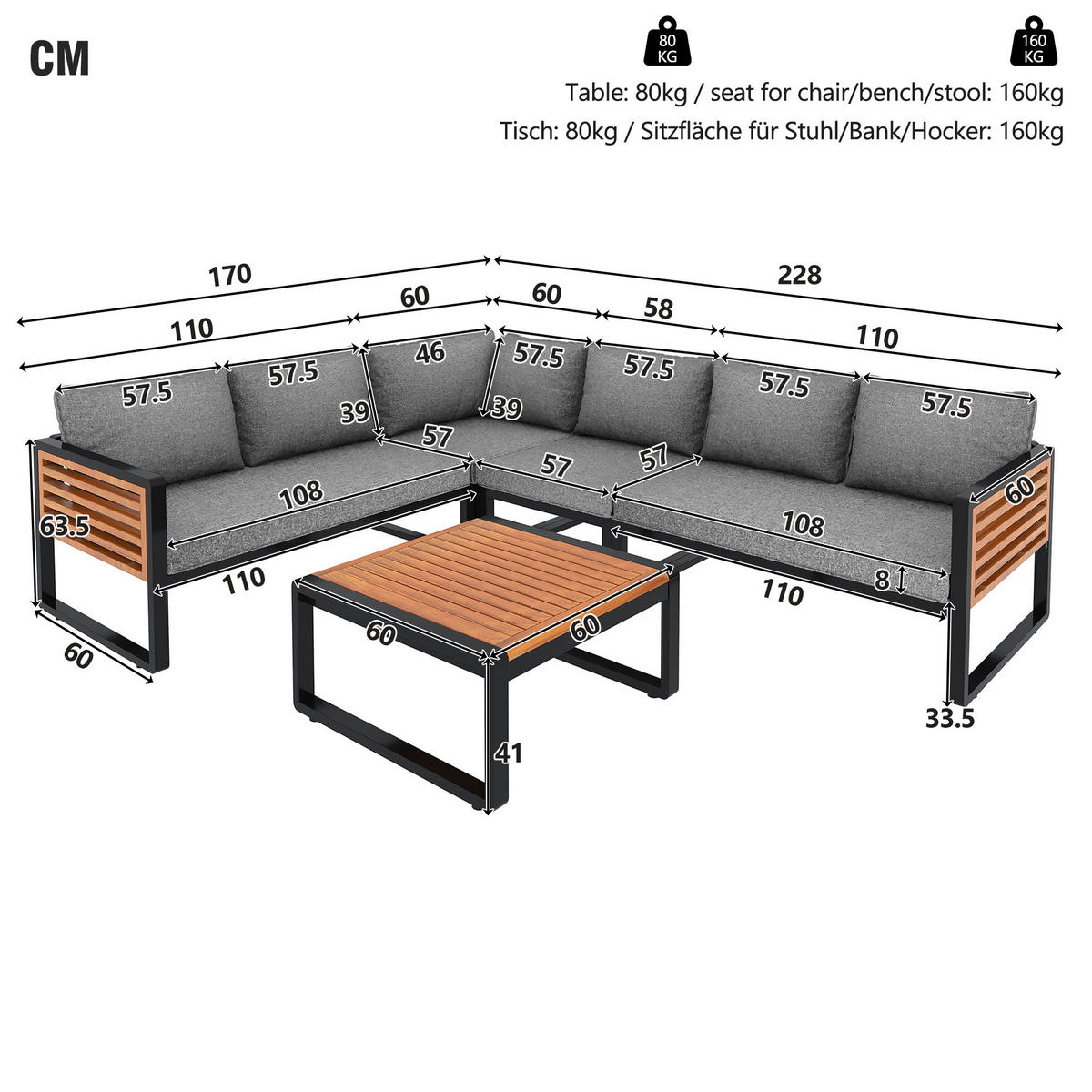 LOUNGESET Modern Grau Mit Verzinktem Rahmen & Holzarmlehnen - Grau, Metall - FLIEKS