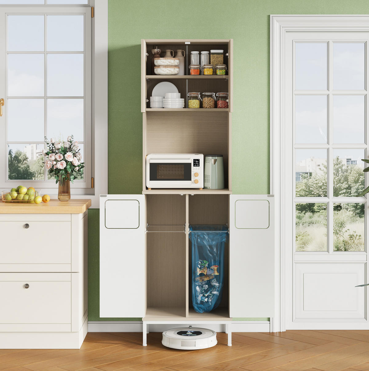 BUFFET 53/35/181 cm aus MDF mit Müllfach und Mikrowellenfach Weiß - Weiß, Holzwerkstoff (35/181/53cm) - Modenvie