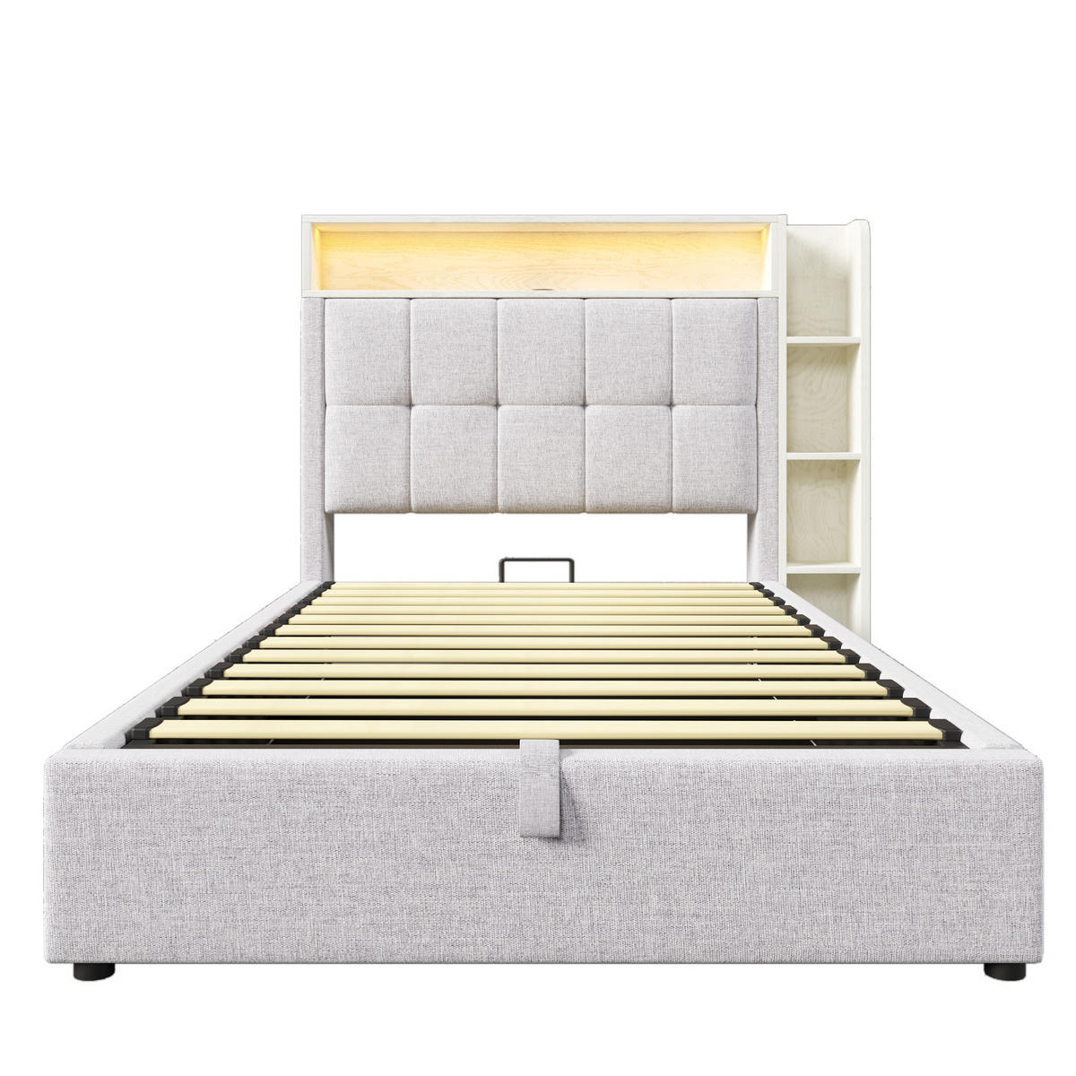 POLSTERBETT 90/200 cm in Beige Leinen mit Bettkasten, LED und USB Type-C - Beige, Holzwerkstoff/Textil (90/200cm) - WISHDOR