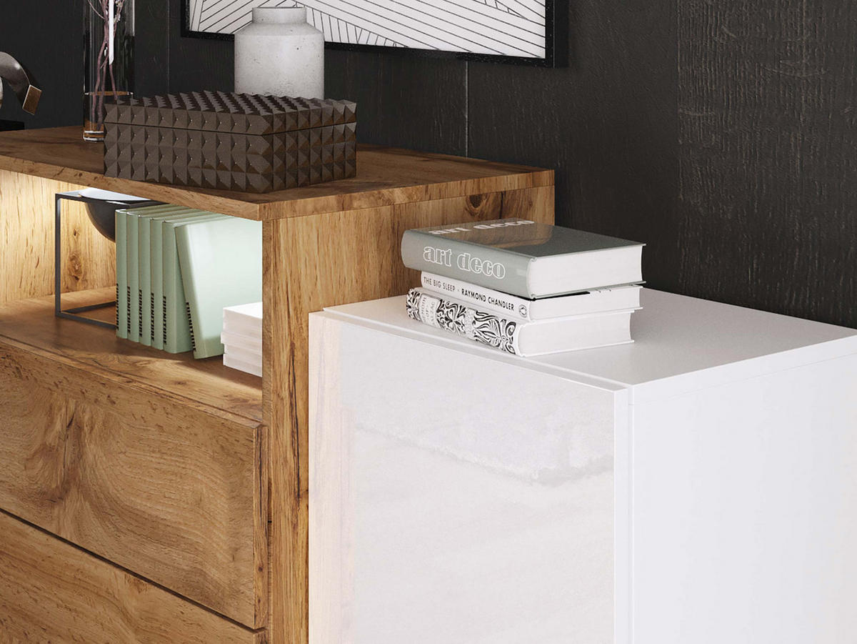 SIDEBOARD Urban III - weißer LED Beleuchtung - Weiß Hochglanz/Alufarben, Holzwerkstoff/Kunststoff (150/81/39cm) - MIRJAN24