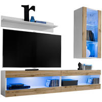 WOHNWAND TIVOLI SET5-WHITE/WOTAN+BLU Offener Raum Weiß Wotan - Eiche Wotan/Weiß, Glas/Holzwerkstoff (200/195/35cm) - Komodee