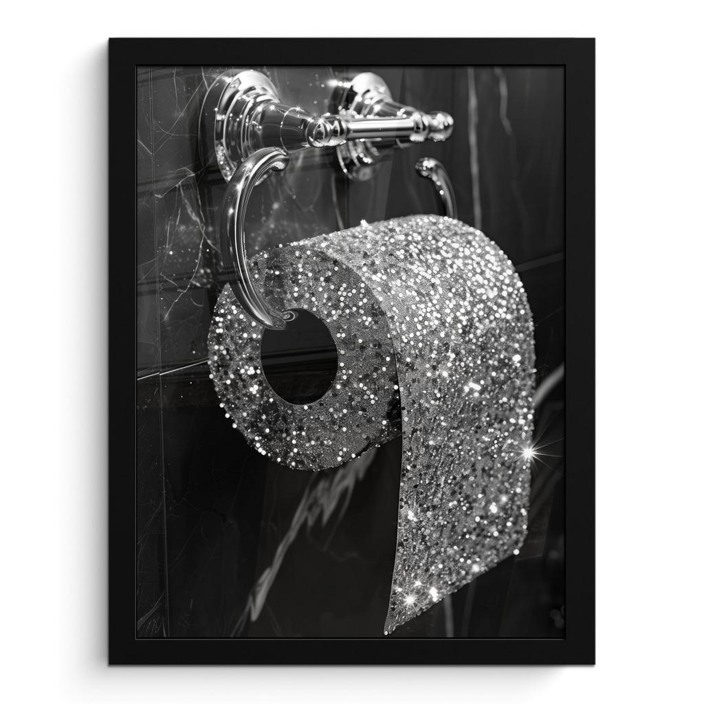 MuchoWow PLAKÁT V RÁMU WC - Toaletní papír - Černá a bílá - Třpytky 30x40 cm