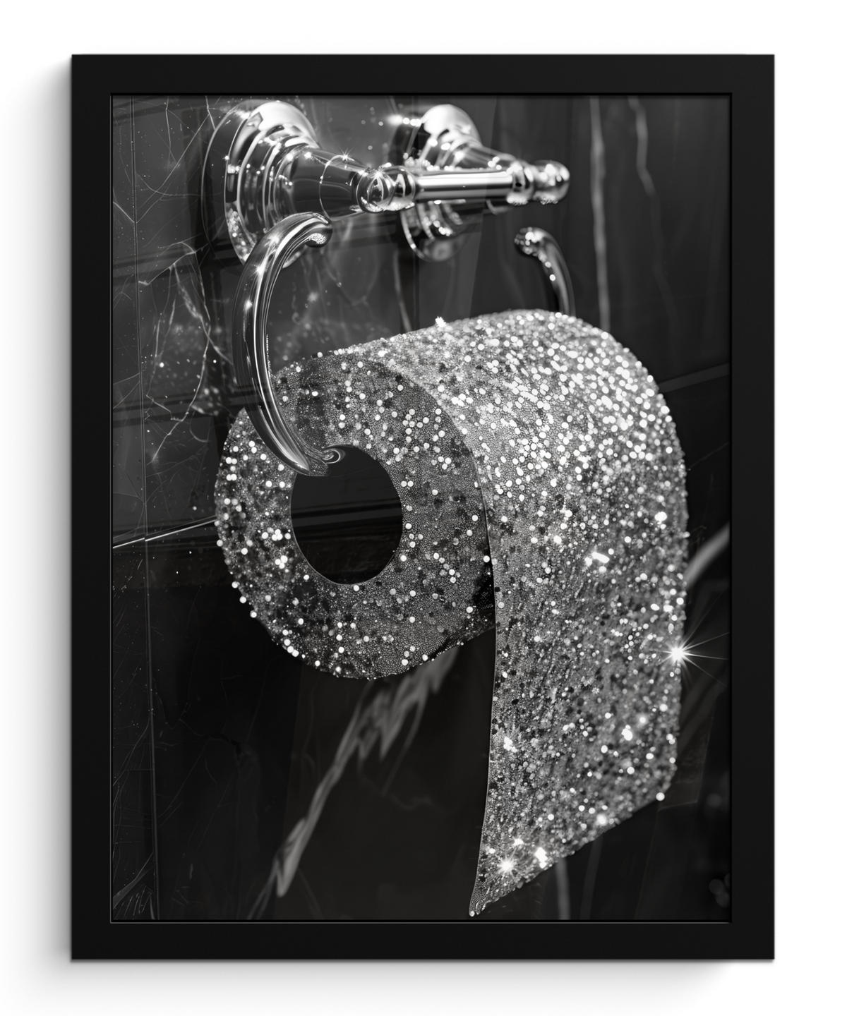 GERAHMTES BILD WC - Toilettenpapier - Schwarz und weiß - Glitter 30x40 cm - Silberfarben, Papier (30/40cm) - MuchoWow