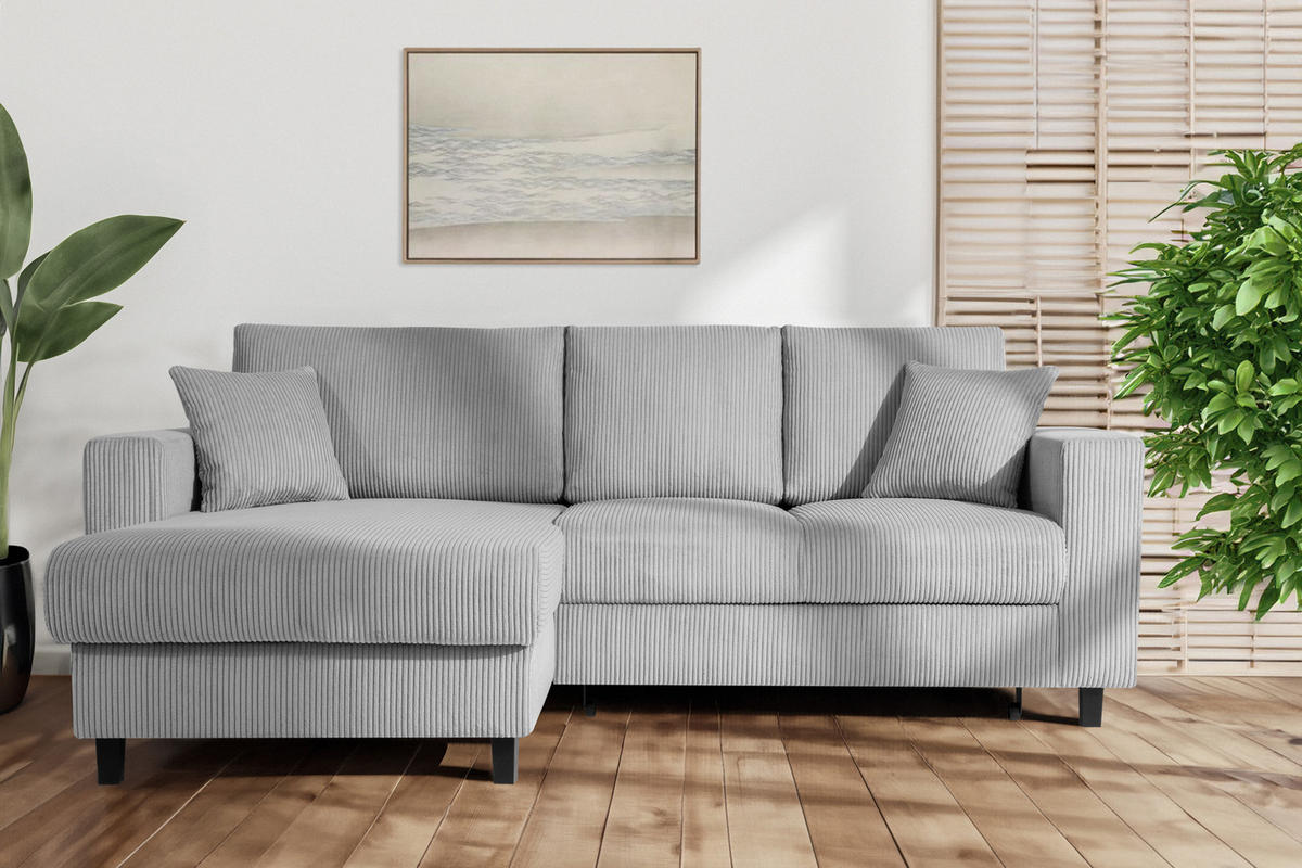 ECKSCHLAFSOFA EGRET Links mit Bettkasten, Cord-Stoff, hellgrau - Hellgrau, Textil (234/90cm) - KONSIMO®
