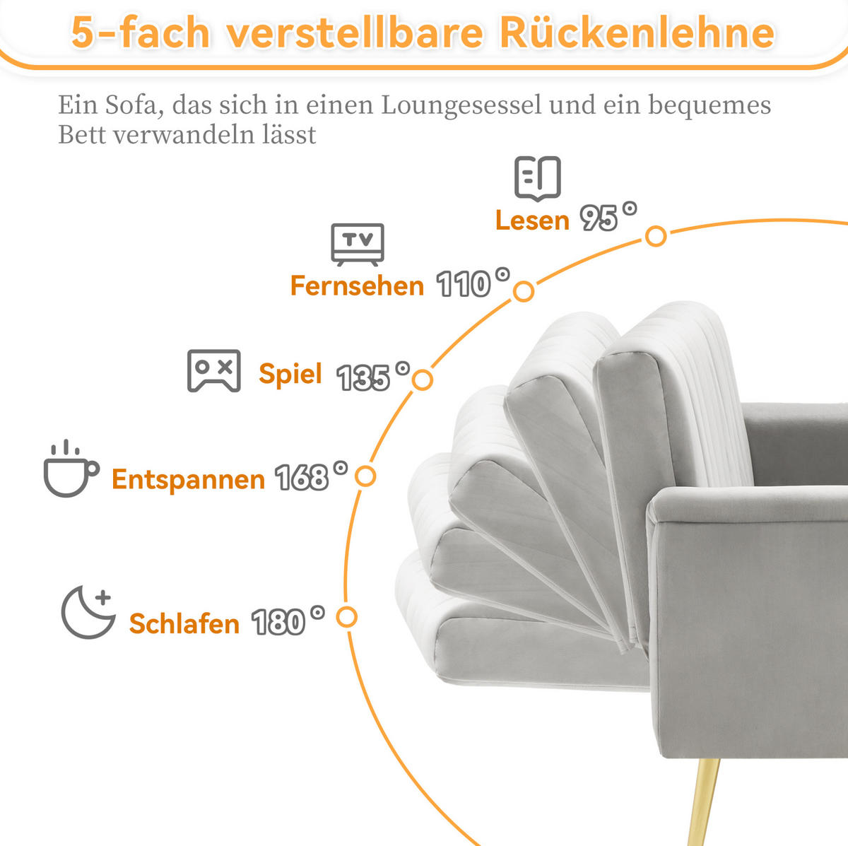 SCHLAFSOFA, Samt mit verstellbarer Rückenlehne & Armlehnen, 183/76/75 cm, Grau - Grau, Textil (76/75/183cm) - Redom