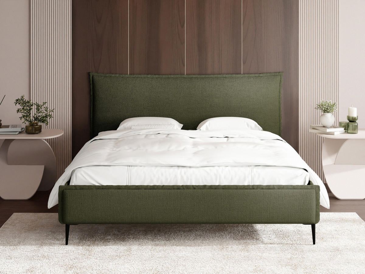 POLSTERBETT Pillow Rise mit Bettkasten, Lattenrost & hohen Metallfüßen in Grün Chenille 140x200 cm - Birkefarben/Schwarz, Holz/Holzwerkstoff (140/200cm) - WFL GROUP