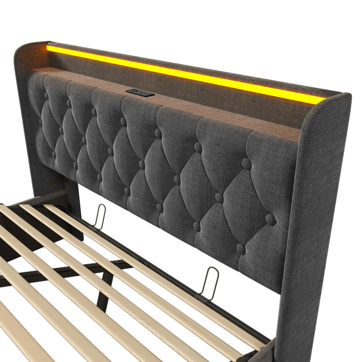 POLSTERBETT aus Leinen 160x200 cm Grau mit hydraulischem Bettkasten, LED-Beleuchtung und USB-C - Grau, Textil (160/200cm) - IVMEU