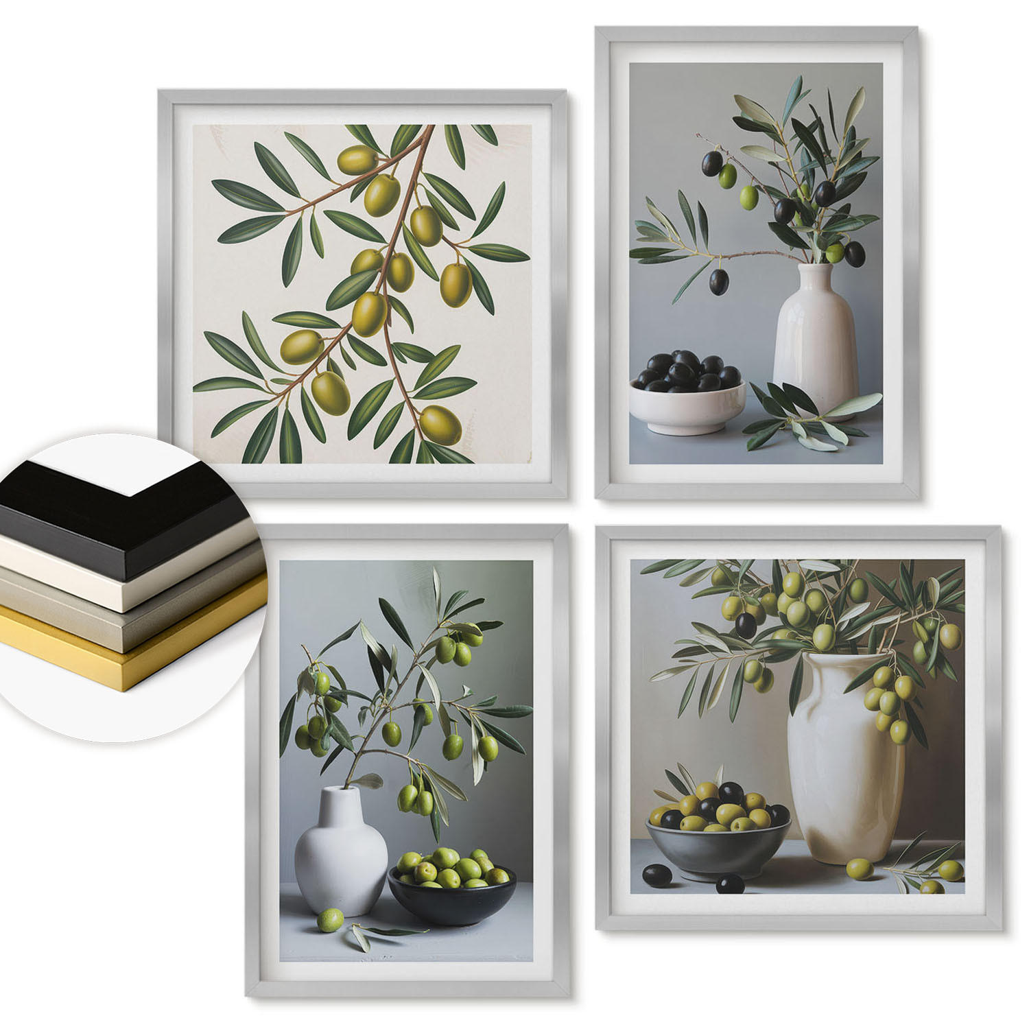 WANDBILDER 4er Set - 50x50 cm & 40x60 cm Silberner Rahmen - Oliven in Vasen in gedeckten Farben - Silberfarben, Kunststoff (50/50cm) - ArtPrintCave