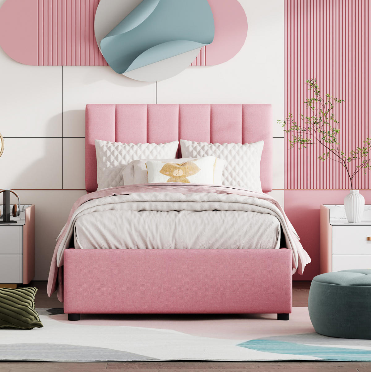 DJEČJI tapecirani krevet 90/200 cm ružičasti od lana s hidrauličnim spremištem - pink, tekstil (90/200cm) - OKWISH