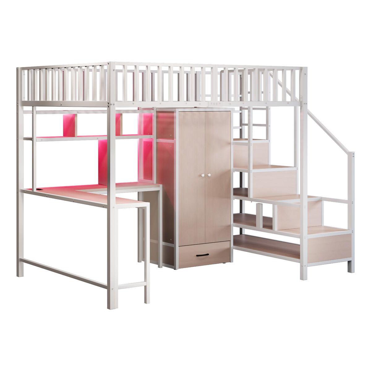 HOCHBETT 140/200 cm weiß aus Metall mit Schreibtisch Regal LED und USB - Weiß, Metall (140/200cm) - OKWISH