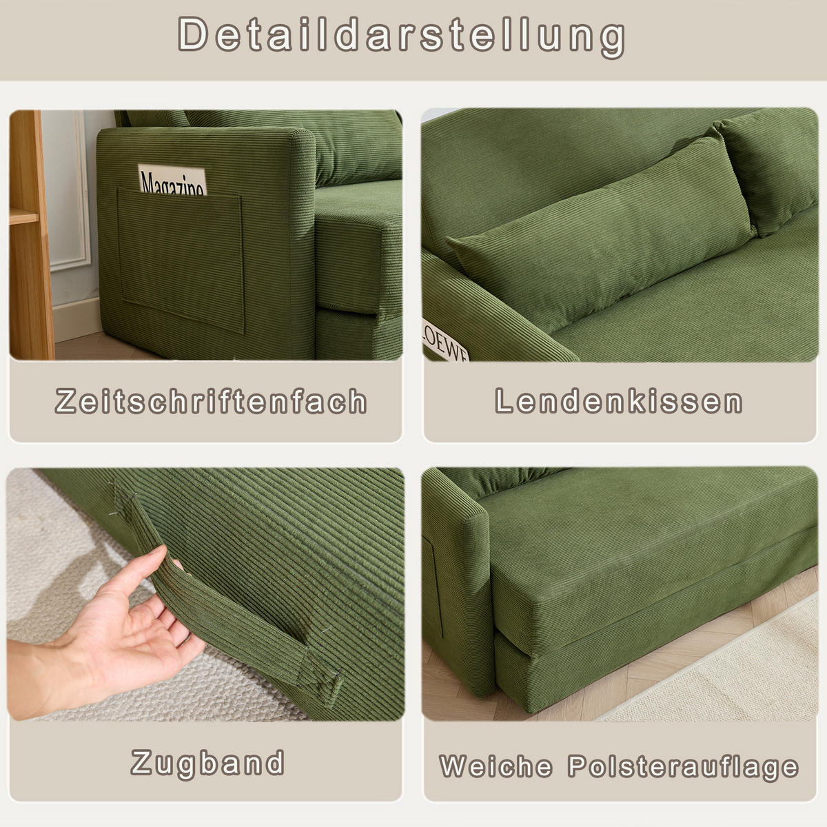 2-SITZER SCHLAFSOFA Cord Grün mit Kissen und Magazintaschen - Grün, Holzwerkstoff/Textil (165/67/212cm) - WISHDOR