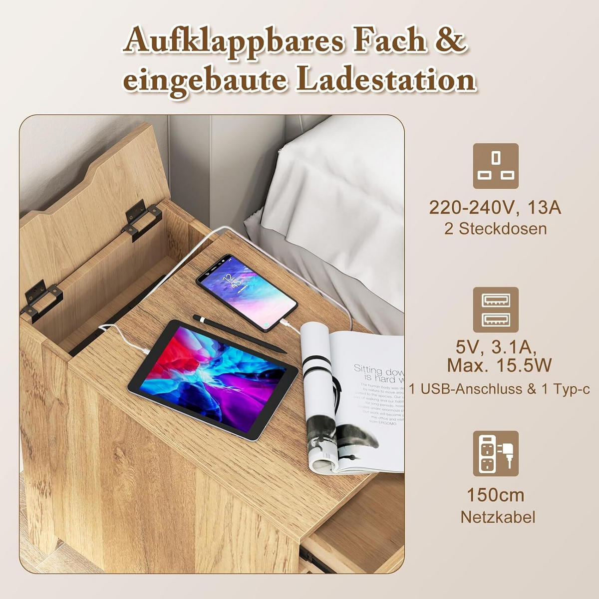 BEISTELLTISCH 60cm Natur - Naturfarben, Holz (60/35/60cm) - COSTWAY