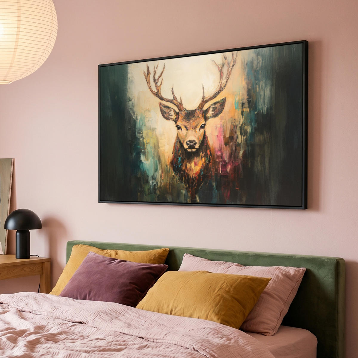 LEINWAND Bilder mit Rahmen - Hirsch - Gemalt - Geweih - Braun - 150x100 - Haselnussfarben, Textil (150/100cm) - MuchoWow