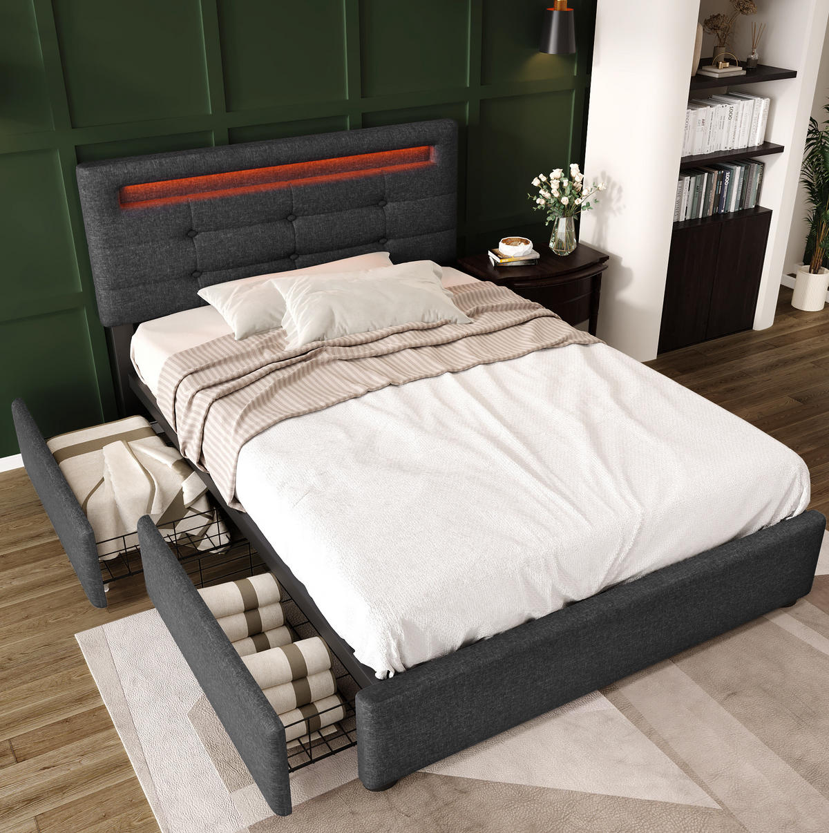 POLSTERBETT 90/200 cm Grau mit LED-Beleuchtung und höhenverstellbarem Kopfteil - Grau, Textil (90/200cm) - OKWISH