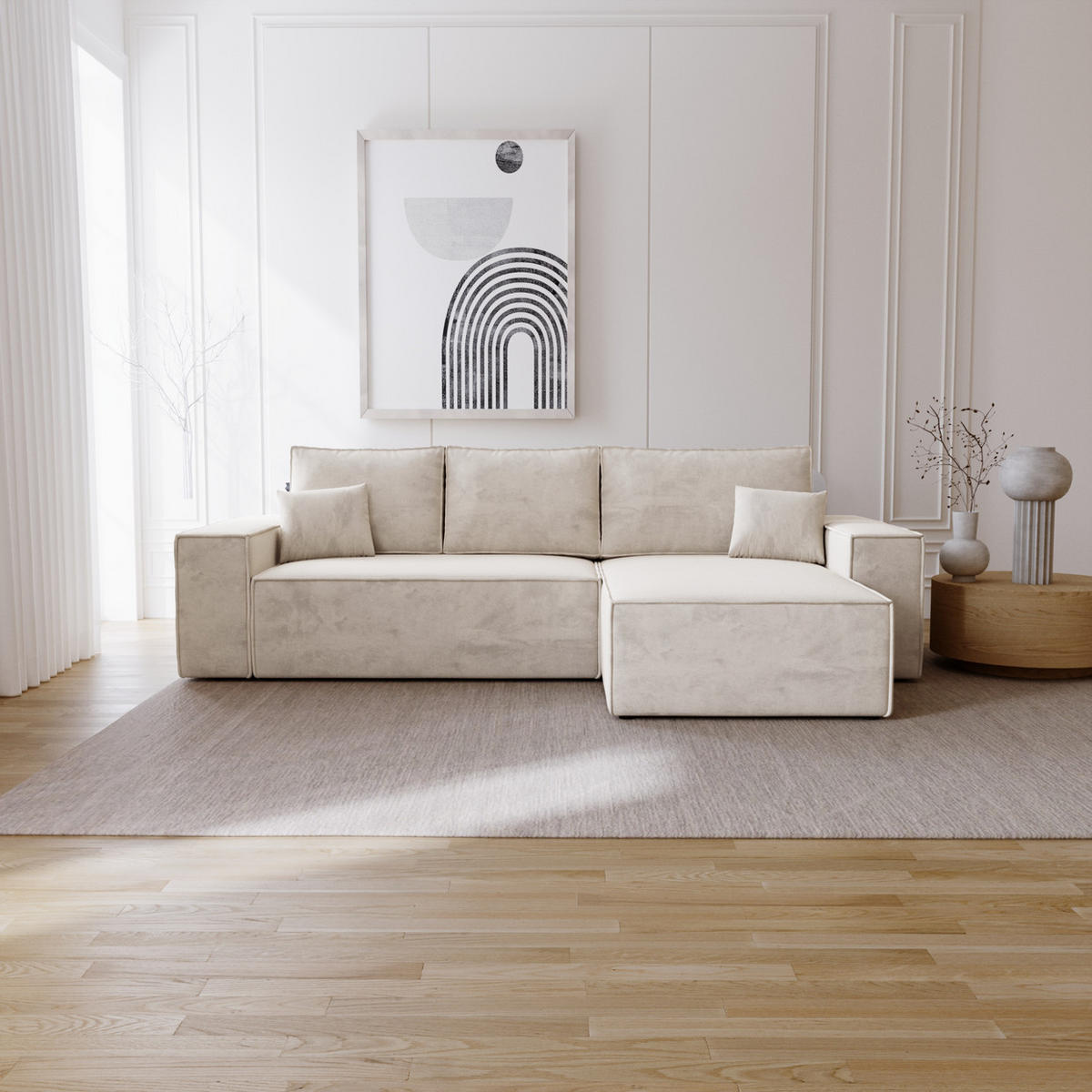 ECKSOFA mit Schlaffunktion Bergamo L 280 cm, Samt, Rechts - Vanille - Ecru, Holz (189/277cm) - Emporius