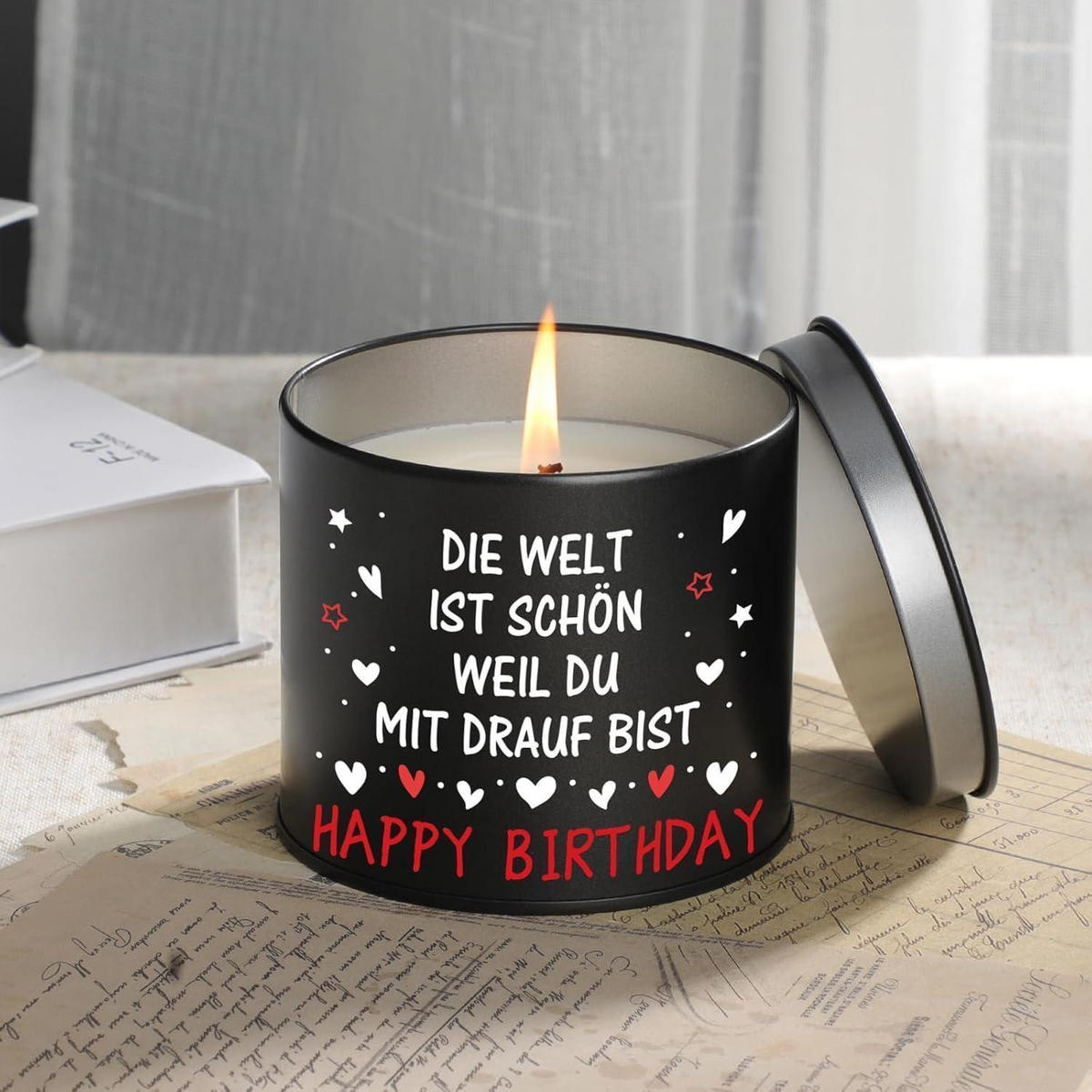 KERZE im Glas Schwarz mit Aufdruck Happy Birthday - Schwarz, Paraffin (8.5cm)