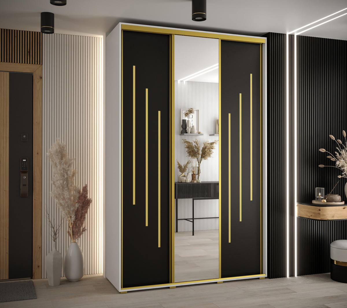 SCHWEBETÜRENSCHRANK 235,2/160/60 3-türig - Goldfarben/Schwarz, Holz/Metall (160/235/60cm) - Abiks Möbel