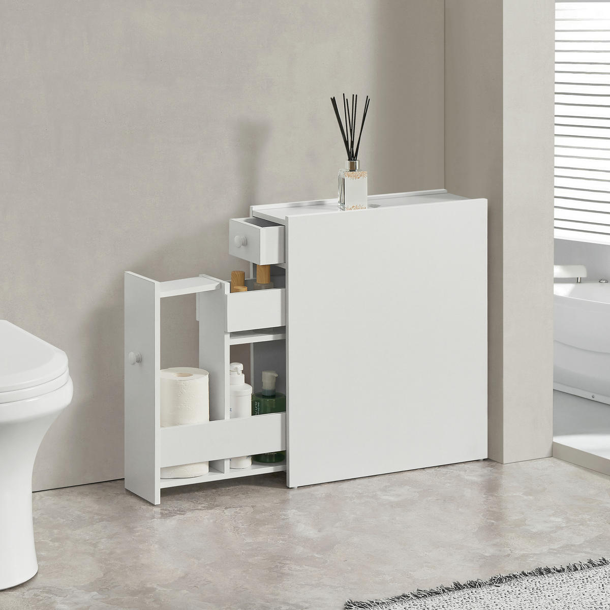 SEITENSCHRANK Kihniö - Weiß, Holzwerkstoff (16/58/48cm) - [en.casa]