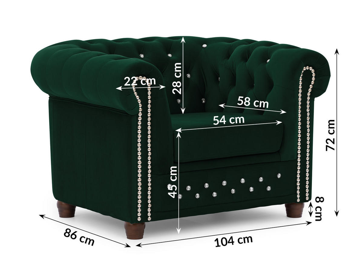 CHESTERFIELD-SESSEL Cleo Blink Flasche Grün Samt mit Kristallsteppung und braunen Massivholzfüßen - Beige/Braun, Holz/Textil (104/72/86cm) - S-Style Möbel