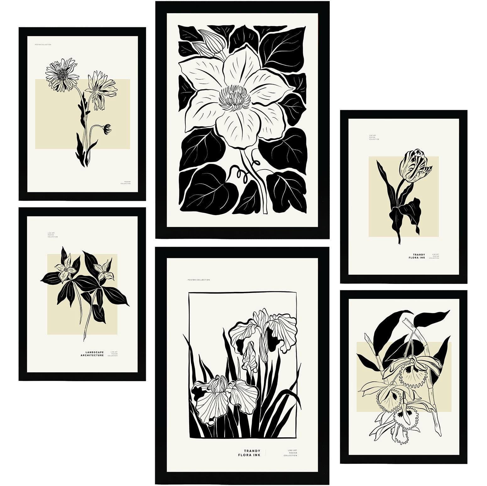 POSTER Set Mit 6 In Schwarzer Tinte Blumen Kunstdrucke Im Skizzenstil Für Innenarchitektur A3 & A4 Schwarzer Rahmen - Schwarz, Papier (29/3cm) - Nacnic