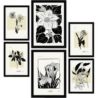 POSTER Set Mit 6 In Schwarzer Tinte Blumen Kunstdrucke Im Skizzenstil Für Innenarchitektur A3 & A4 Schwarzer Rahmen - Schwarz, Papier (29/3cm) - Nacnic