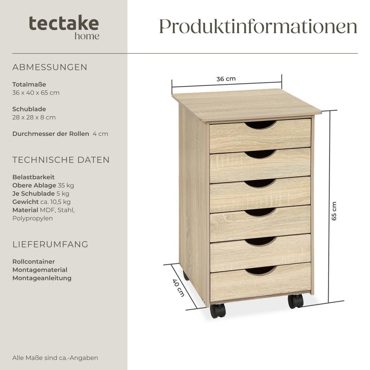 ROLLCONTAINER ,einfache Montage, 36 x 40 x 65 cm,Holz hell, Eiche Sonoma - Eiche Artisan, Holz (40/65/36cm) - tectake