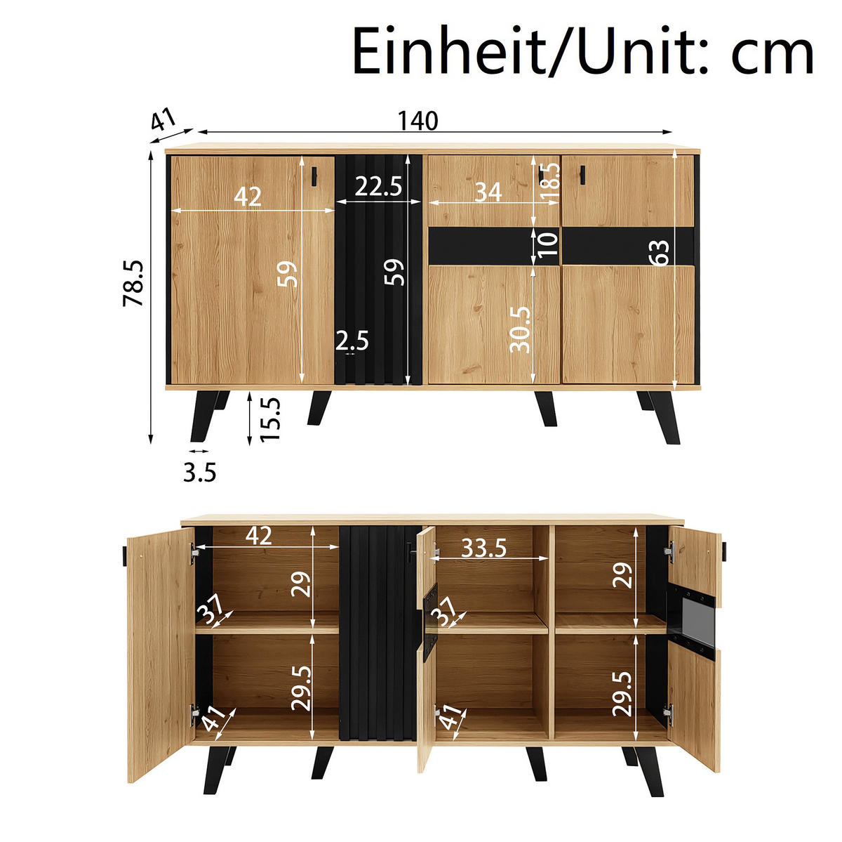 SIDEBOARD 140/41/78,5 cm Natur/Schwarz aus Glas und Spanplatte mit LED - Naturfarben, Holzwerkstoff (140/78/41cm) - OKWISH