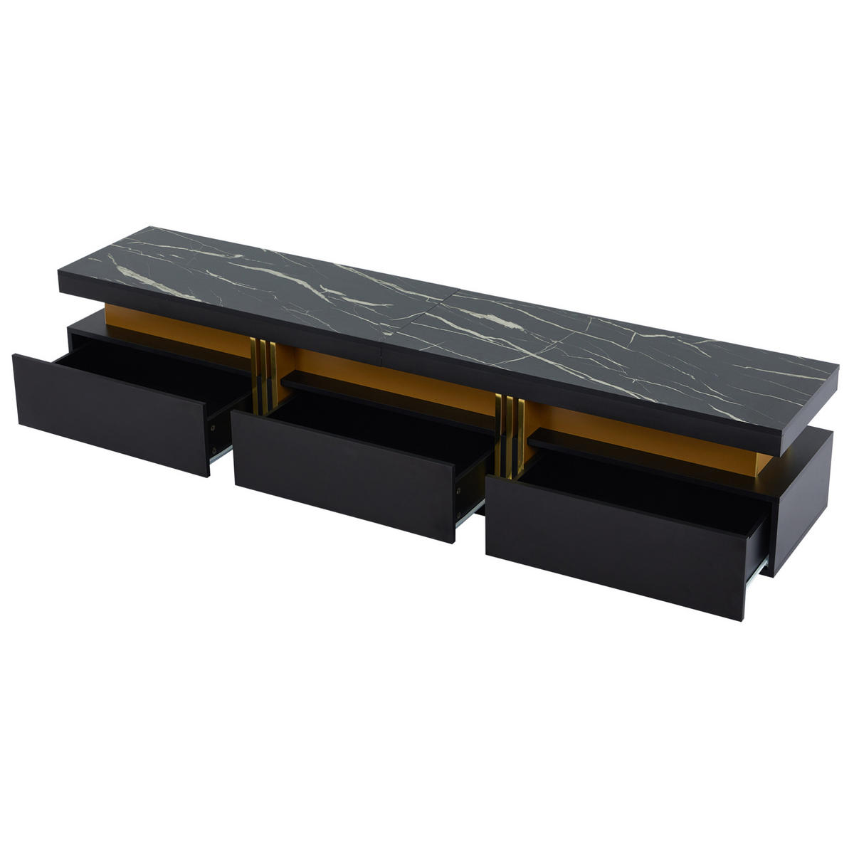 TV stolek 200/40/42 cm černý z dřevotřísky se 3 zásuvkami a vedením kabelů - černá, kompozitní dřevo (200/42/40cm) - OKWISH