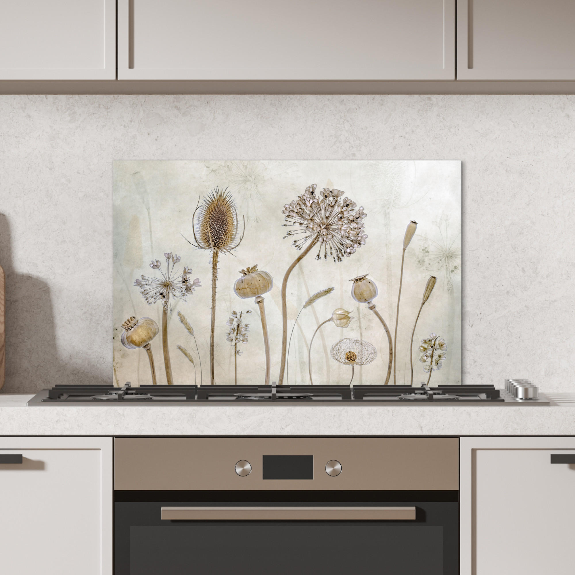 SPRITZSCHUTZ KÜCHE Blumen - Aquarell - Stilleben - Braun - Vintage 60x40 cm - Sandfarben, Metall (60/0.3/40cm) - MuchoWow