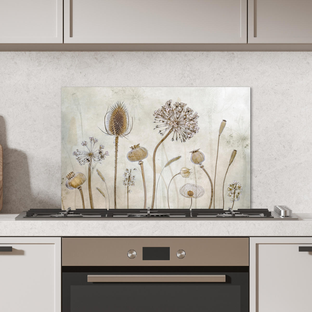 SPRITZSCHUTZ KÜCHE Blumen - Aquarell - Stilleben - Braun - Vintage 70x50 cm - Sandfarben, Metall (70/0.3/50cm) - MuchoWow