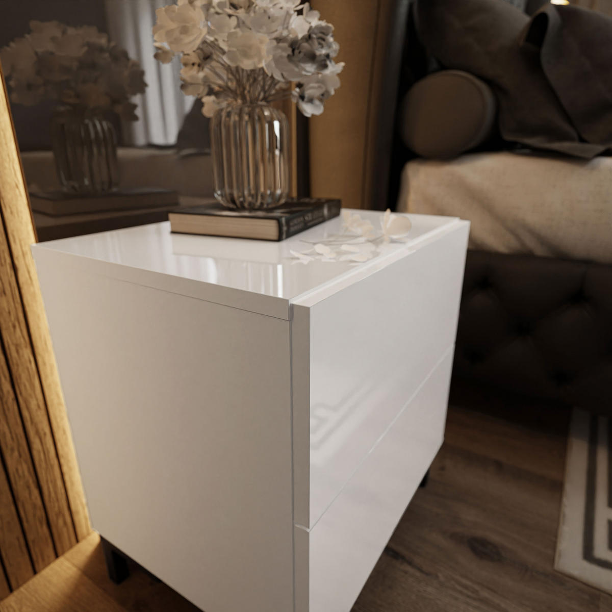 NACHTTISCH LINA LUX mit Beinen, Hochglanzplatte – Beinfarbe: Schwarz - Weiß, Holzwerkstoff (45/50/38.5cm) - Lookway