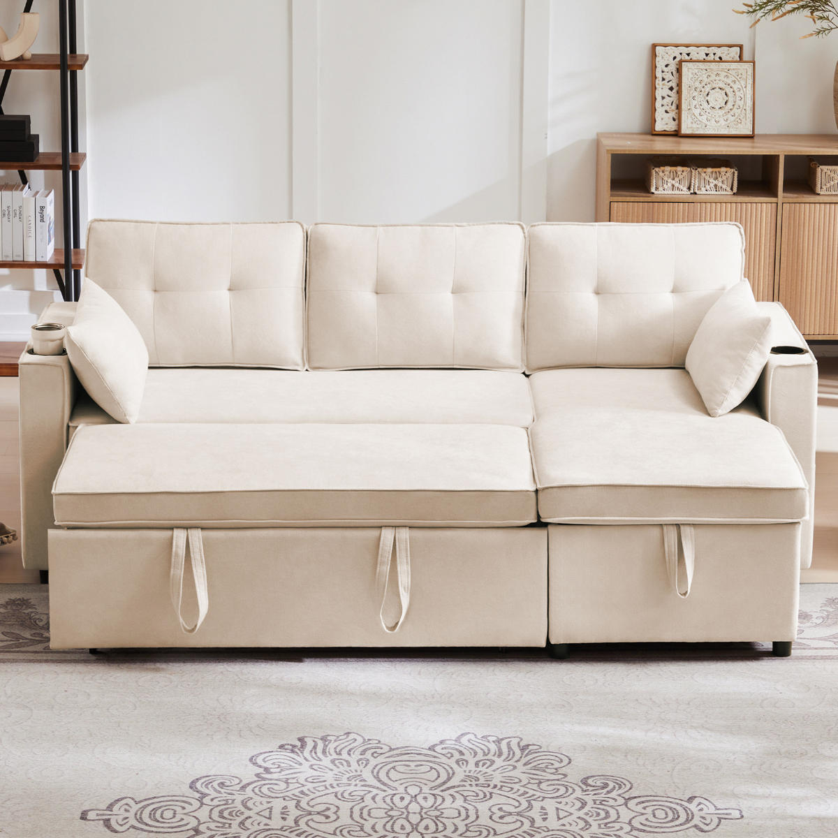 SCHLAFSOFA aus Baumwoll-Leinen mit Stauraum & Getränkehaltern, 211/130/86 cm, Beige - Beige, Textil (130/86/211cm) - Redom