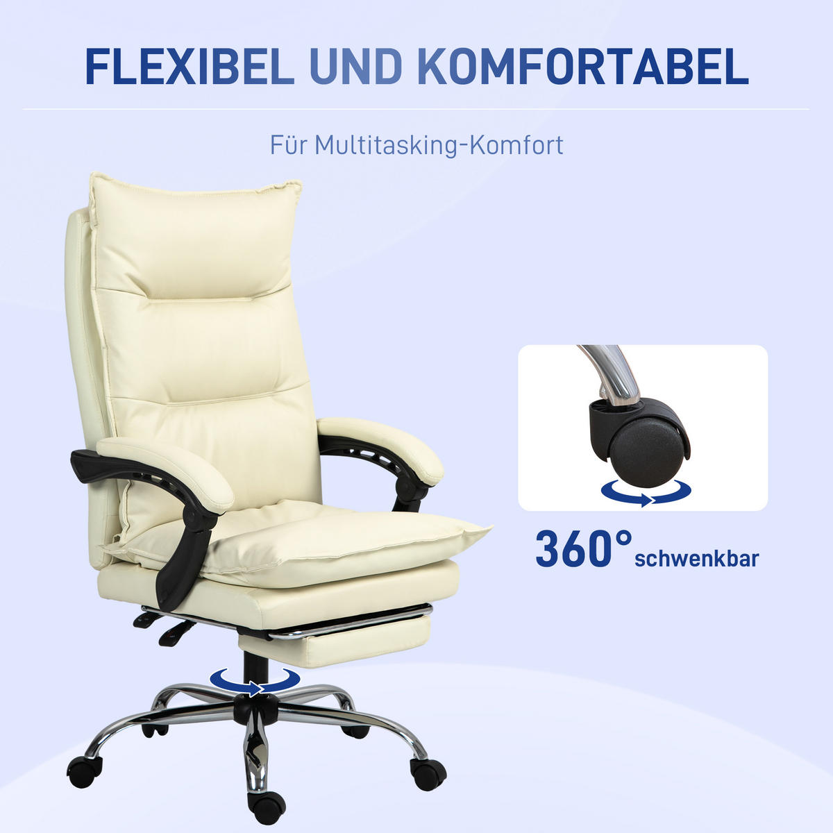 BÜROSTUHL höhenverstellbarer Schreibtischstuhl mit Liegefunktion, Fußstütze - Beige, Kunststoff (72/130/66cm) - Vinsetto