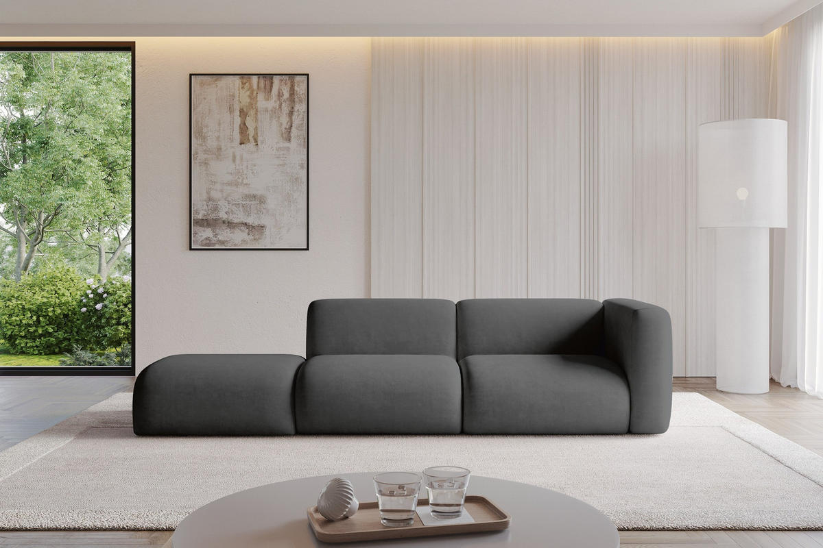 SOFA Ottomane Rechts MIRA-S3 296x89x70 Dunkelgrau Velours - Dunkelgrau/Schwarz, Holzwerkstoff/Kunststoff (296/70/89cm) - ALTDECOR