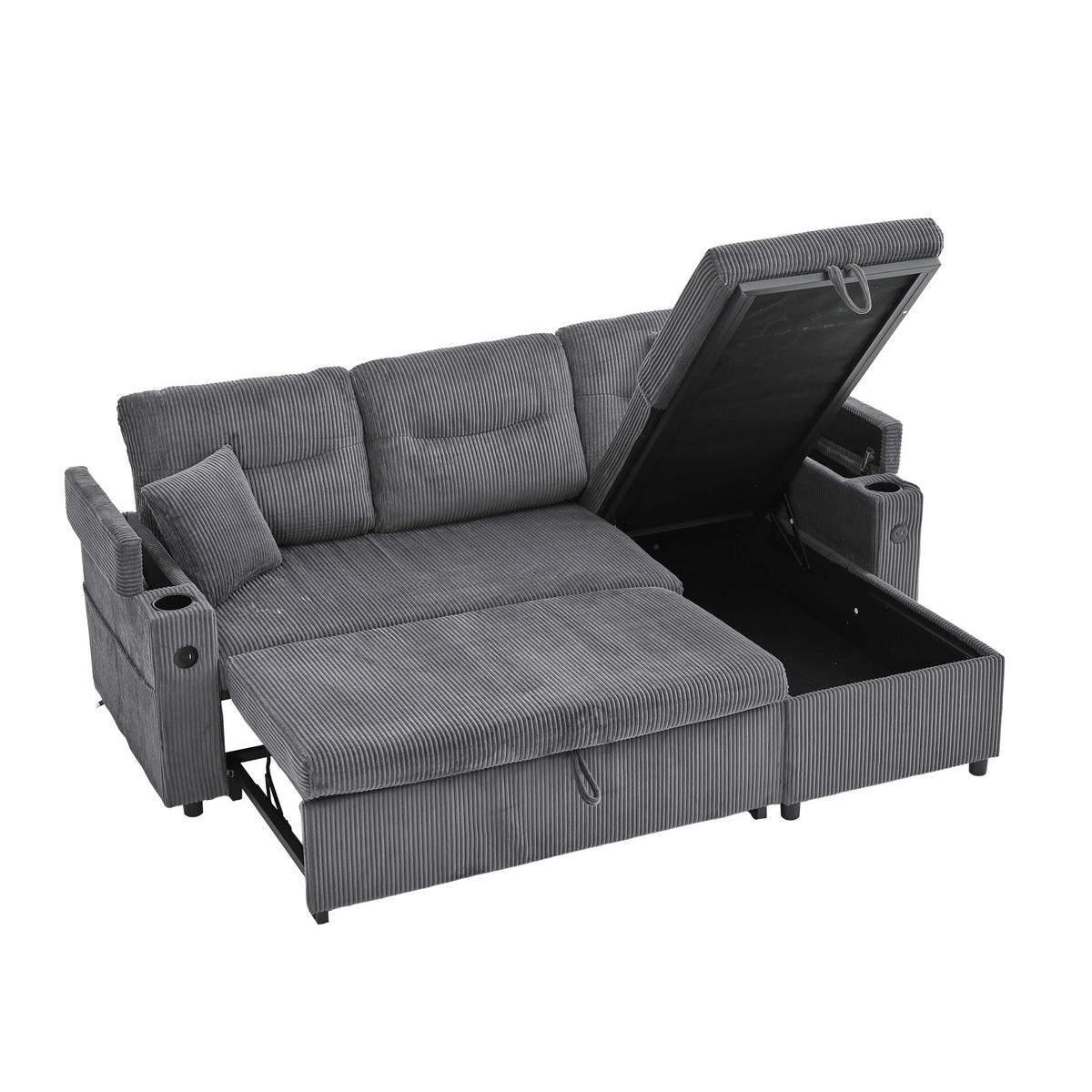 ECKSOFA DE-33730 mit Chaiselongue und Schubladenbett Anthrazitgrau - Anthrazit, Metall (212.5/136cm) - ComfortXL