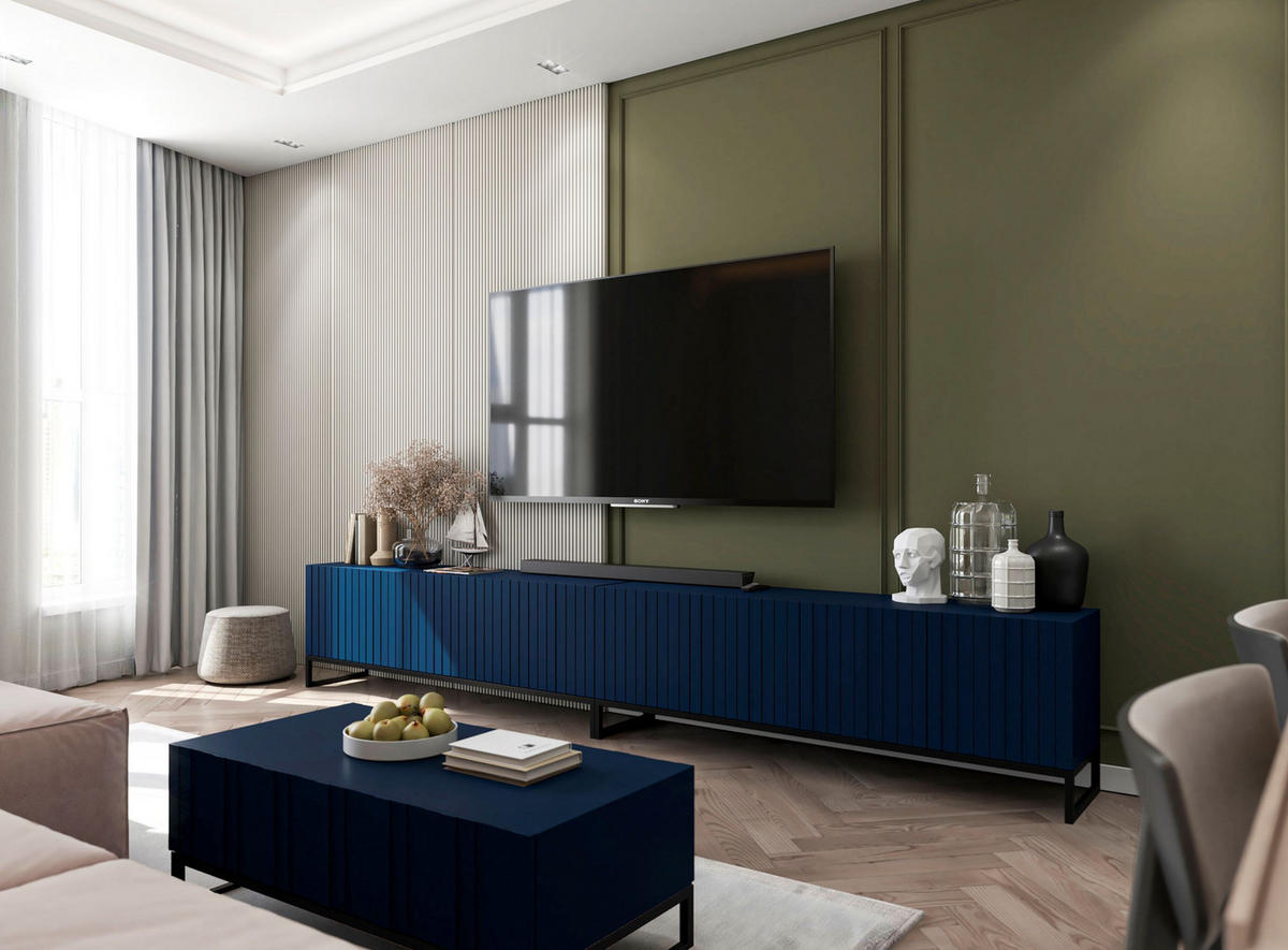 TV-SCHRANK Elpis Marineblau Matt mit Metallrahmen Glamour 150 cm - Blau/Schwarz, Holzwerkstoff/Metall (150/51.5/36.5cm) - Meble Lindner