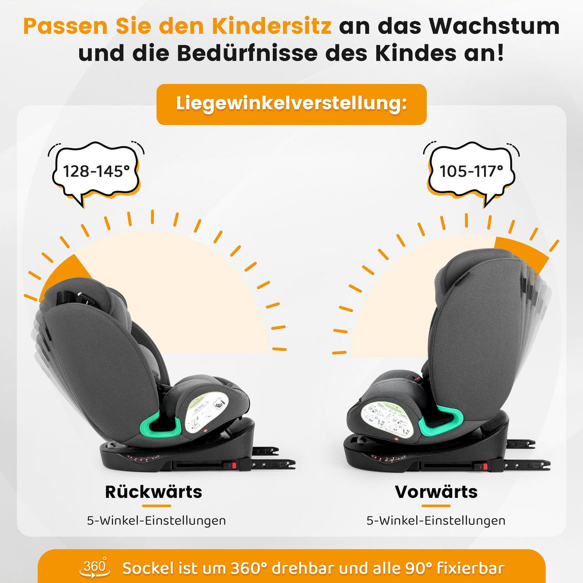 AUTOKINDERSITZ 360° Drehbarer i-Size Kindersitz mit ISOFIX, 40-150 cm - Grau, Textil (46/80/57cm) - BEXEVUE