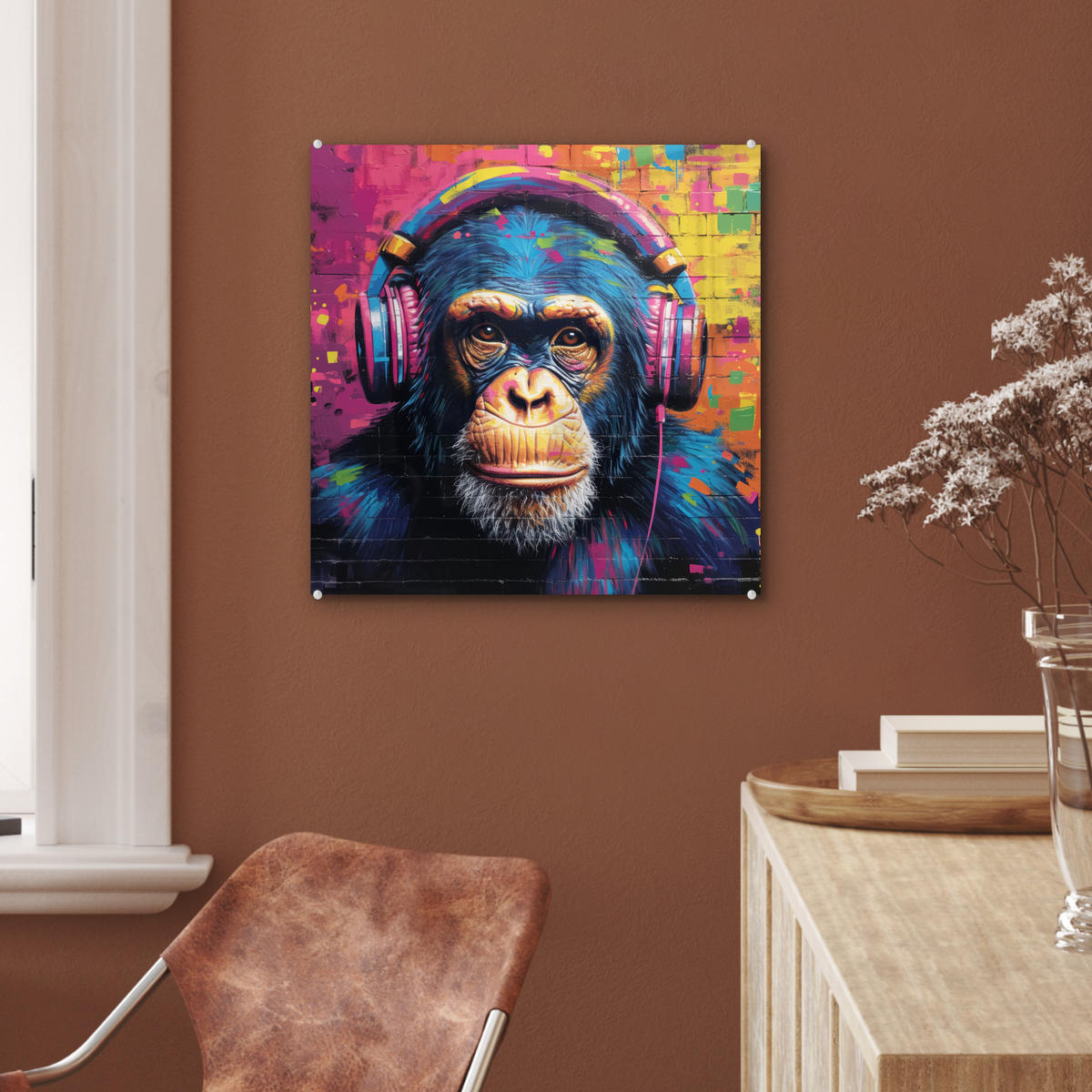 ACRYLGLASBILD Graffiti - Schimpanse - Straßenkunst - Kopfhörer - Affe 50x50 cm - Blau, Glas (50/50cm) - MuchoWow