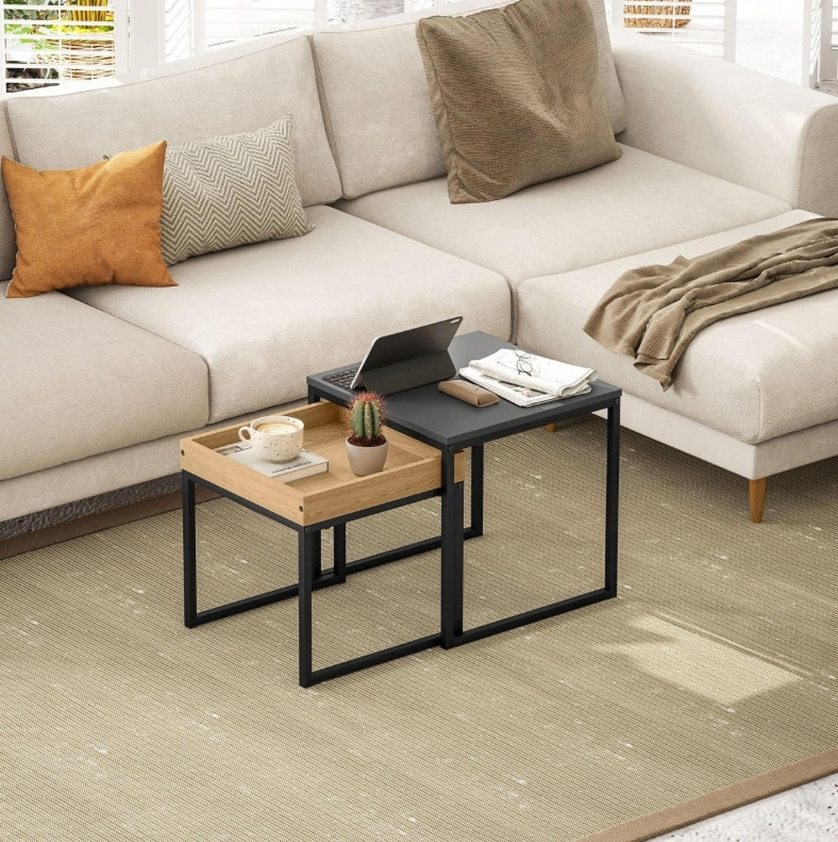 COUCHTISCH 2er-Set 45/45/45 cm & 40/40/40 cm mit Tablett, Schwarz - Schwarz, Metall (45/45/45cm) - Flora Grace