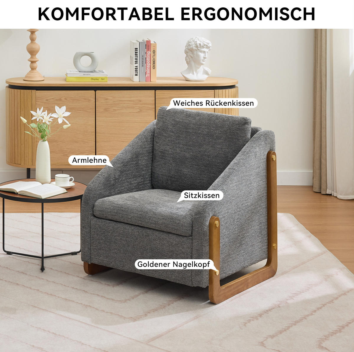 SESSEL 73,5/73,5/73,5 cm aus Chenille mit Holzarmlehnen in Grau - Grau, Textil (73.5/73.5/73.5cm) - BEAOK